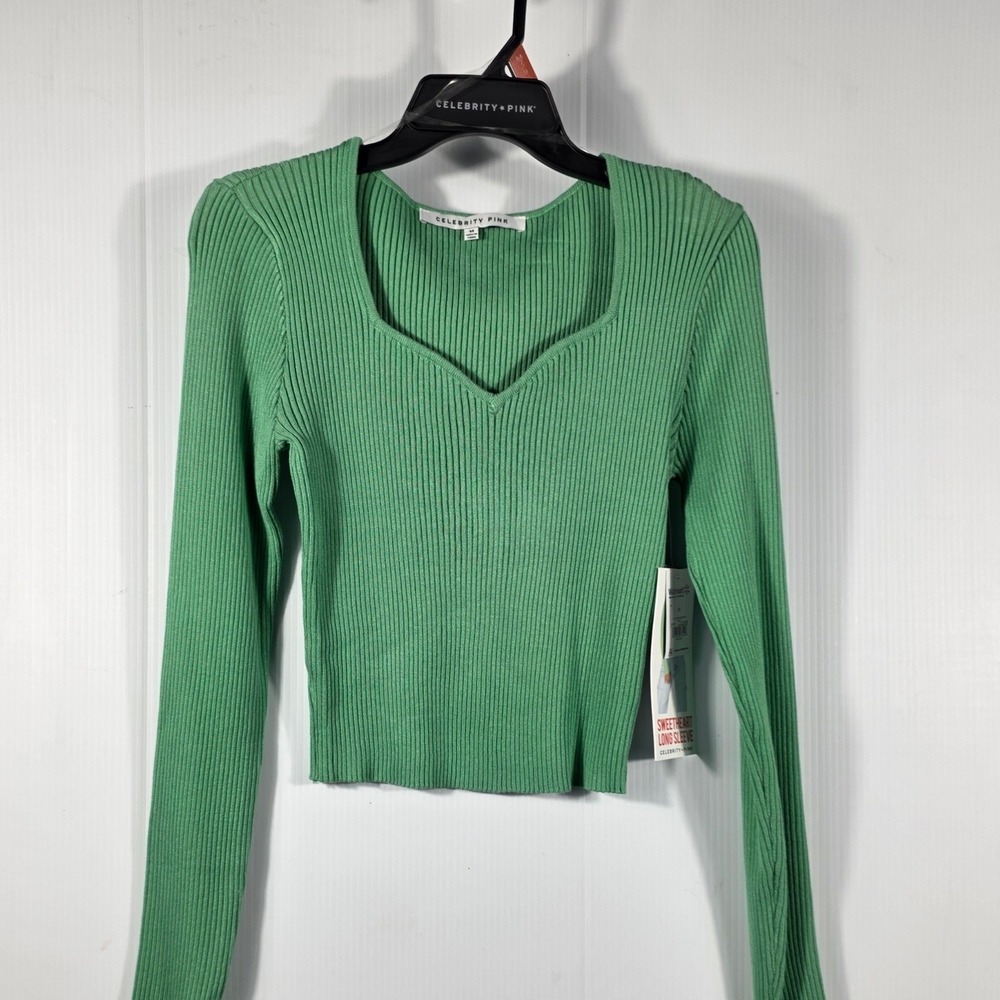 Celebrity Pink Womens Sweetheart Neck Ribbed Long Sleeve Cropped Top Green SizeM - Picture 4 of 10